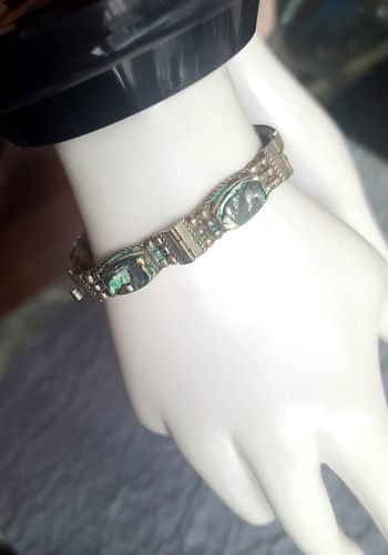 ECCEZIONALE Messico firmato HA? Bracciale maglia abalone vintage argento sterling 7" - Foto 7 di 12