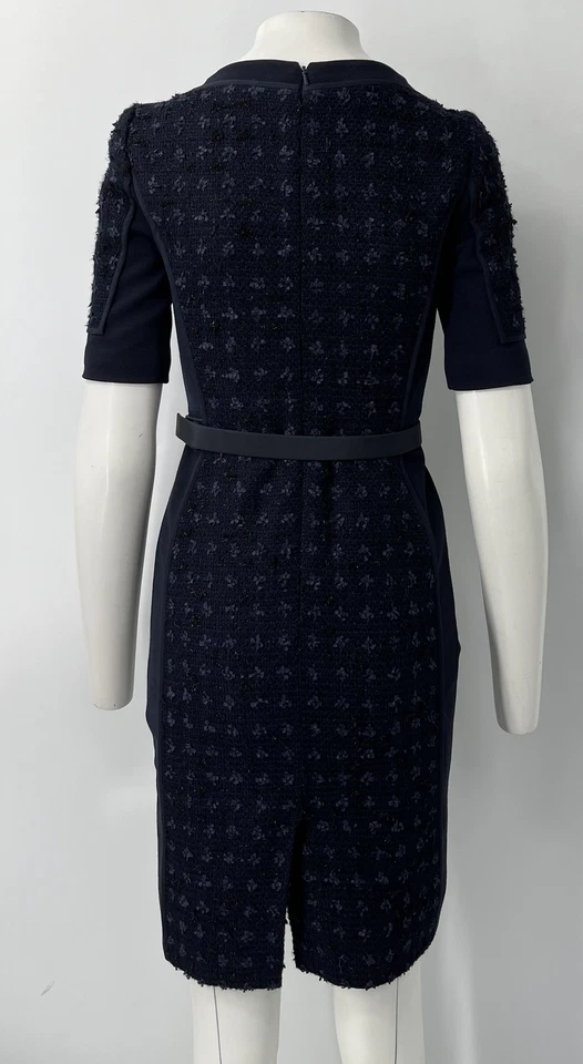 Vestido Vaina Oscar De La Renta P13 ALTERADO Azul Marino Tweed Dorado Floral Cinturón Talla S Foto 3 de 4