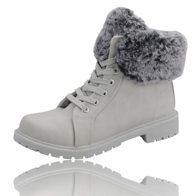 Damen Stiefeletten Winterboots Stiefel Schnürboots Gefüttert Winterschuhe Grau