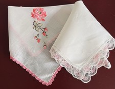 2 Vintage Ladies Hankies Embroidered Flower Crocheted Edges Pinks And Greys
