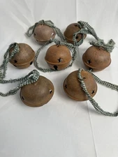 Primitive Rustic Jingle Bells W/ Green Plaid Ribbon Christmas Ornaments Lot Of 7