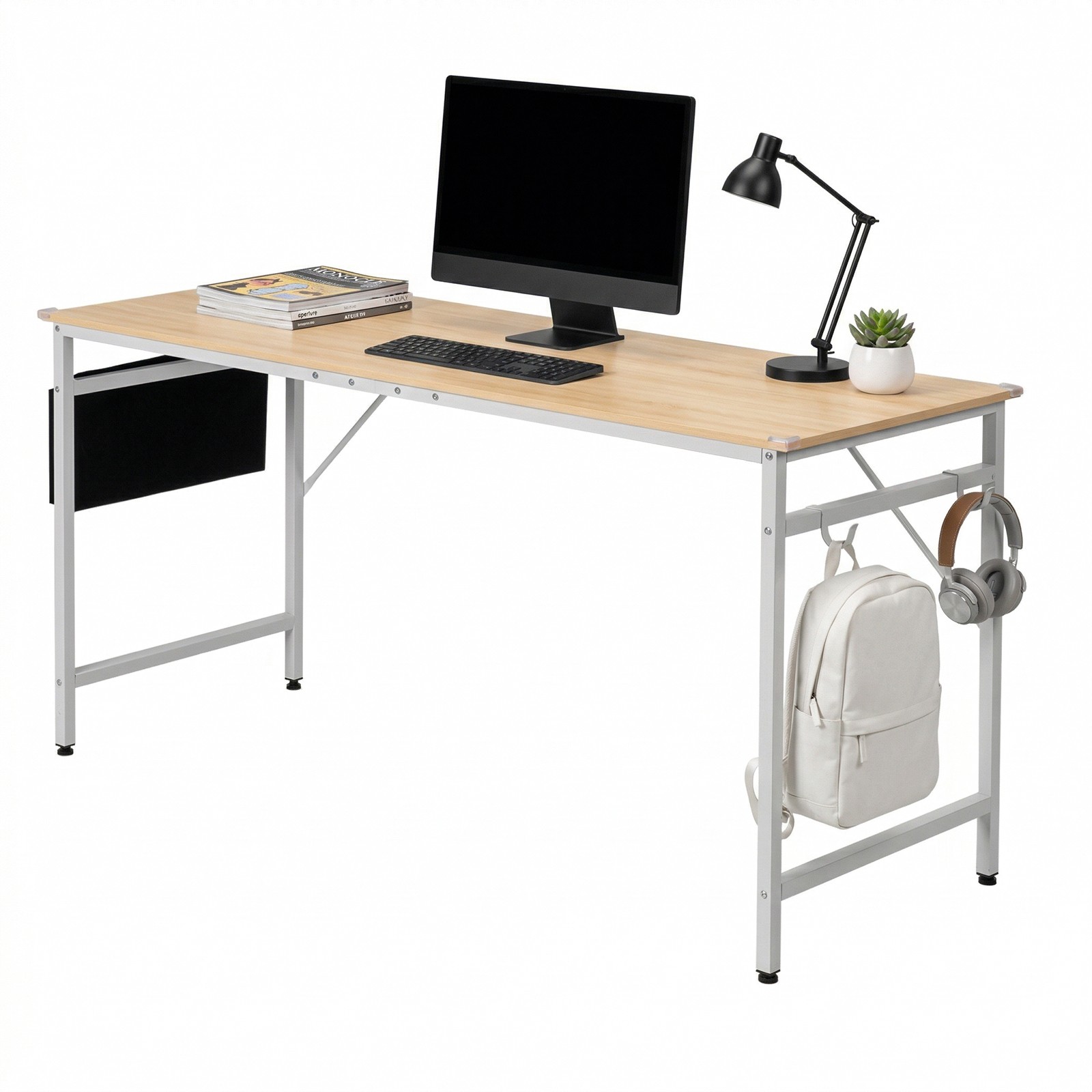63in Wide Computer Desk Oak Office Table Dual Monitor Study Desk w/ Storage Bag