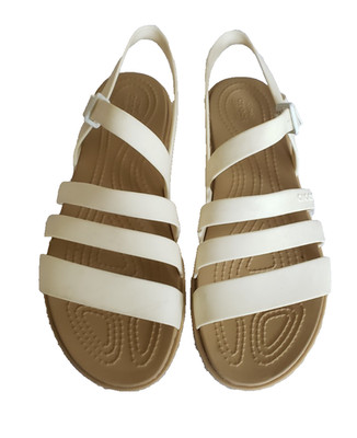 Crocs Tulum Sandals Womens Sz 7 Oyster Flats Cream Strappy Buckle Iconic Comfort
