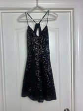 Lulus Black Sequin Lined Fit & Flare Mini Dress S V-Neck Spaghetti Party