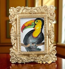 Toucan colorful beak mini watercolor bird print in gold vtg style ornate frame