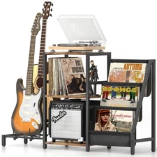 Record Player Stand with Guitar Holder, Guitar Rack for Acoustic, Electric Gu...
