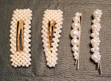 Lot Of 4 Vintage Faux Pearl Hair Barrette Clips W/ Gold Tone Beads