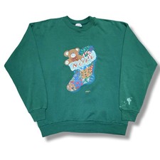 Vintage 90s Christmas Sweatshirt Noel Stocking Teddy Bear 1995 Green Adult XL