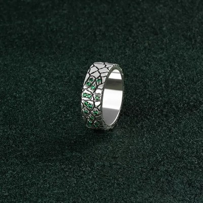 Men's 925 Sterling Silver Emerald Band Ring Brutalist Engraved Wedding Ring