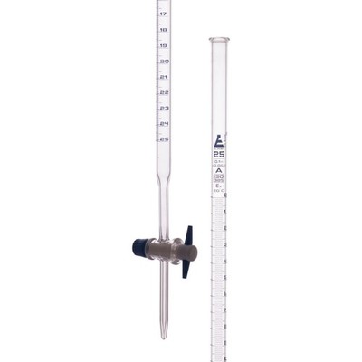 Borosilicate Burette, Straight Bore, PTFE Stopcock - 25mL - Class A