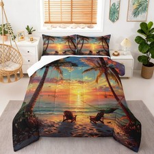 Tropical Sunset Palm Tree Bedding Comforter Sets Full,Ocean Sunset Coastal Be...