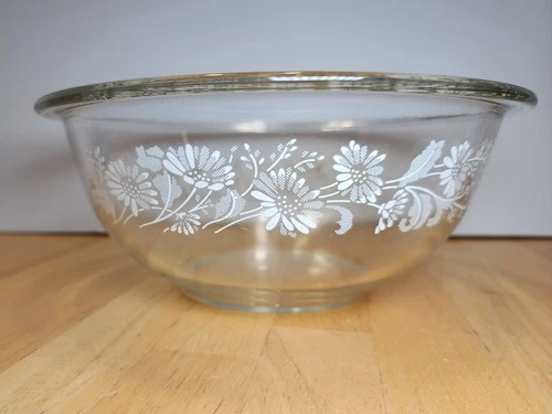 Vintage Pyrex Colonial Mist White Lace Clear Mixing Bowl #323, Kitchenware