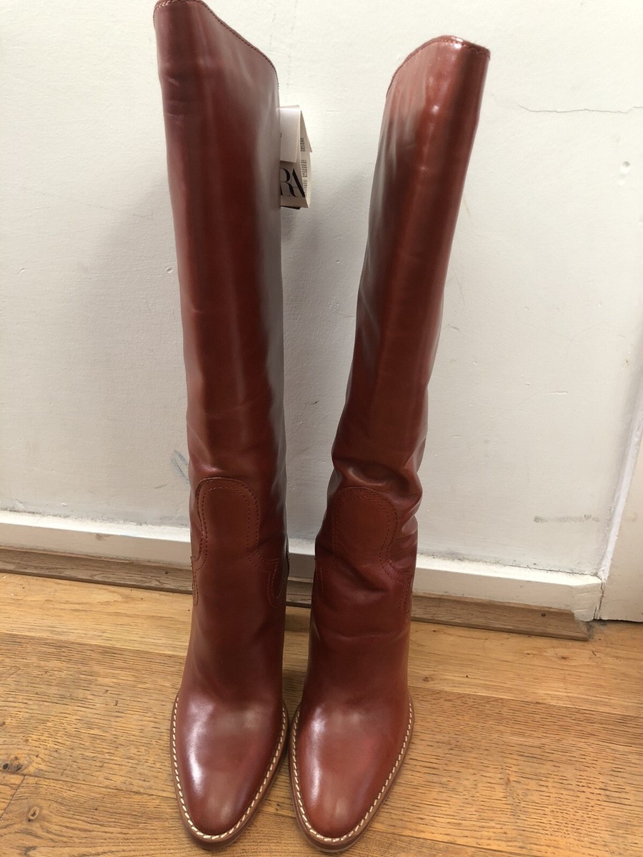 BNWT ZARA Brown LEATHER KNEE HIGH BOOTS SIZE UK EUR 38 £119