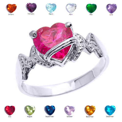10k White Gold Heart CZ Birthstone "MOM" Ring - Picture 1 of 1