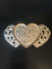 Vintage Collectible Crumrine Triple Heart Heavy Silver Plate Belt Buckle