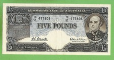 #D75. 1961 TYPE AUSTRALIAN  FIVE POUND  BANKNOTE COOMBS/WILSON TB51 477806