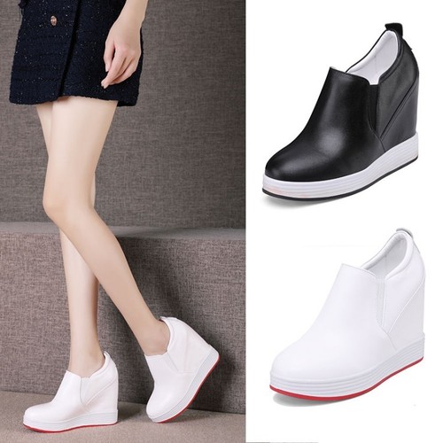 Womens Wedge High Heels Round Toe Platform Creepers Slip On Solid Shoes Loafers