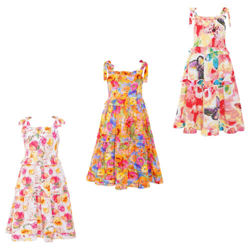 Kids Girls Ruffles Boho Dress Summer A-Line Flower/Butterfly Print Self-Tie - Picture 2 of 26