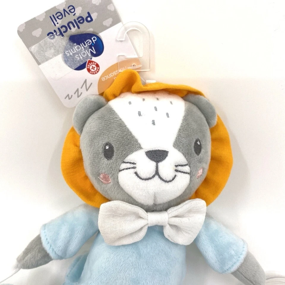 2645🌟Doudou Peluche lion gris blanc Bleu MOTS D'ENFANTS Activités D’éveil - Photo 2/3