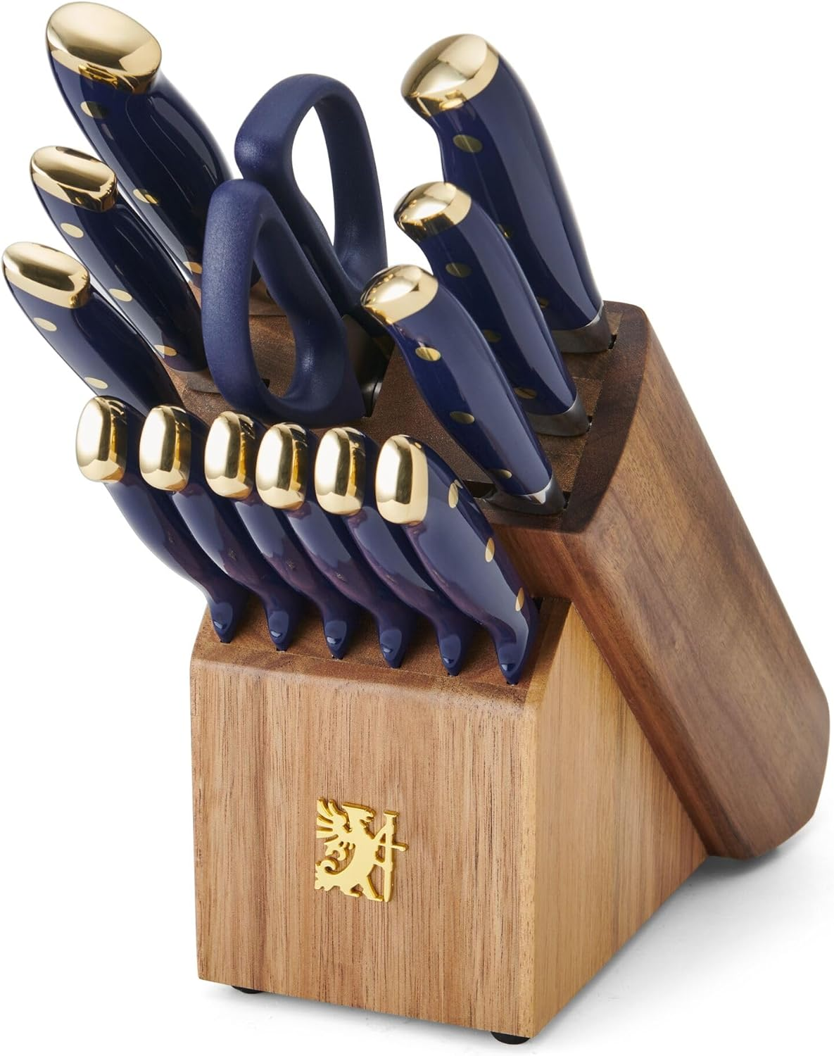 14-Piece Forged Triple Rivet Knife Set in Navy & Gold with Acacia Block