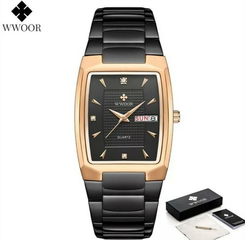 Wwoor orologi quadrato per gli uomini di Lusso Orologio Da Polso in Acciaio  Inox Nero Oro. | eBay