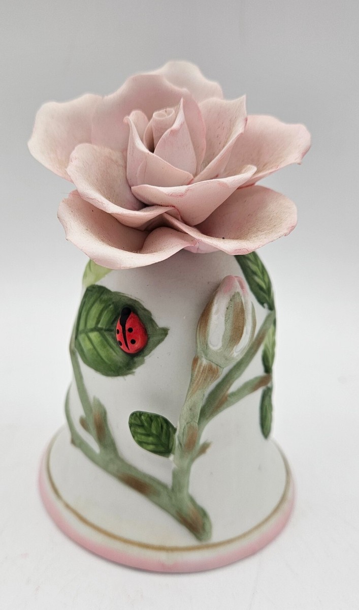 Pair of Vtg Floral Porcelain Bells Franklin Mint Pink Rose/Arnart