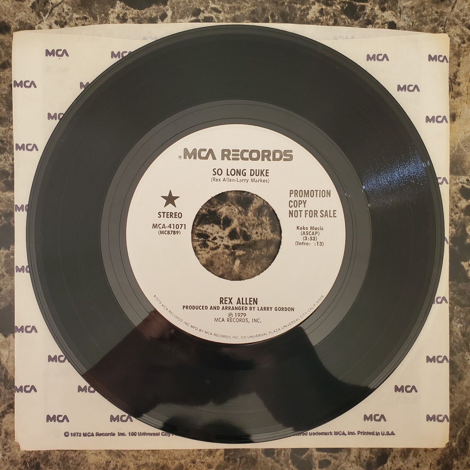 PROMO Rex Allen So Long Duke 7" 45 RPM MCA Records MCA-41071