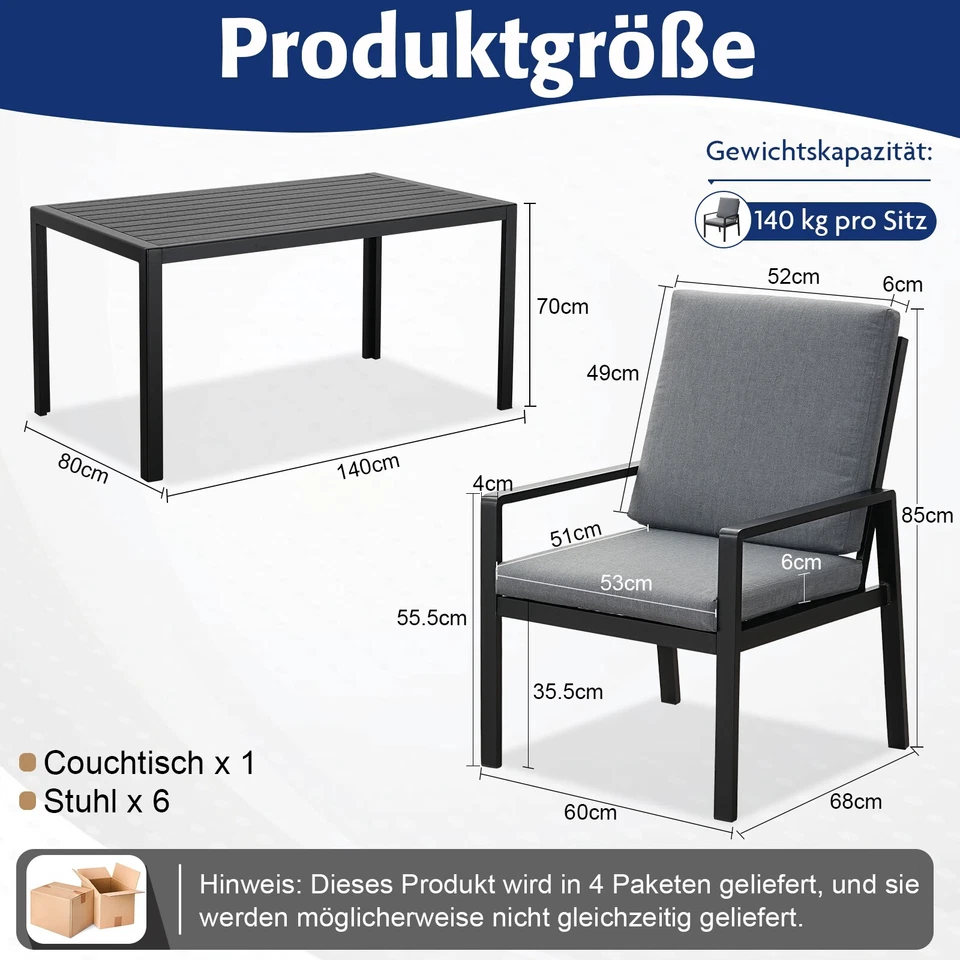 MeXo Gartenmöbel Set Alu Essgruppe Sitzgruppe Gartenset Sitzgarnitur Schwarz - Bild 3 von 4