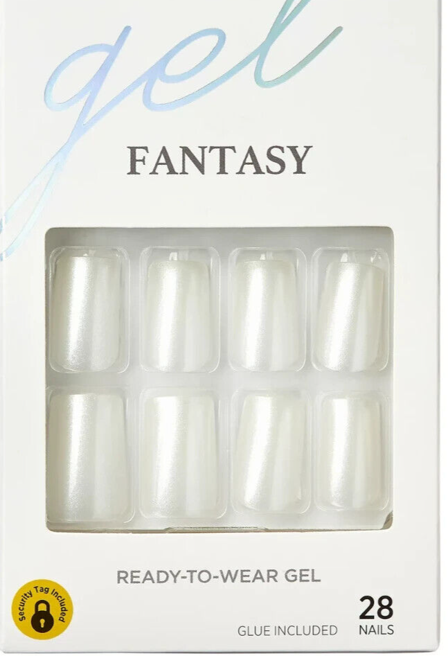 KISS GEL FANTASY GLUE ON NAILS 28 NAILS WHITE SQUARE SHAPE MEDIUM LENGTH GLAZED