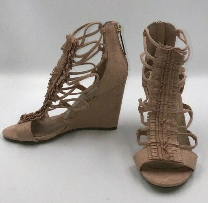 Sandália anabela feminina sapatos Carey rosa camurça franja blush 5 1/2 - Imagem 2 de 4