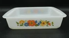 Vintage Glasbake J2428 8" Baking Dish Orange Blue Yellow Flower Pattern USA