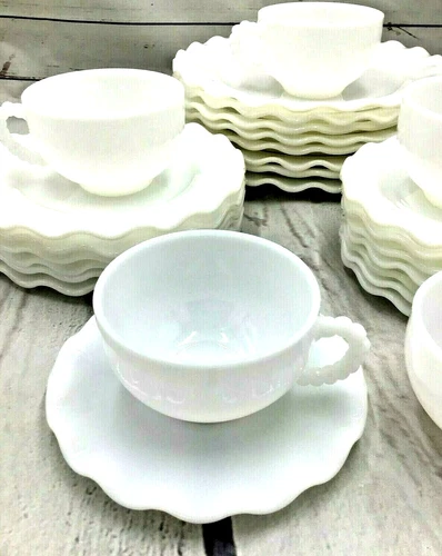 Hazel Atlas White Crinoline Ruffled Opal Milk Glass Plates & Cups ~ 27 pieces!