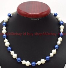 Pretty 6 10mm White Shell Pearl 10mm Blue Shell Pearl Necklace Round Beads 18"
