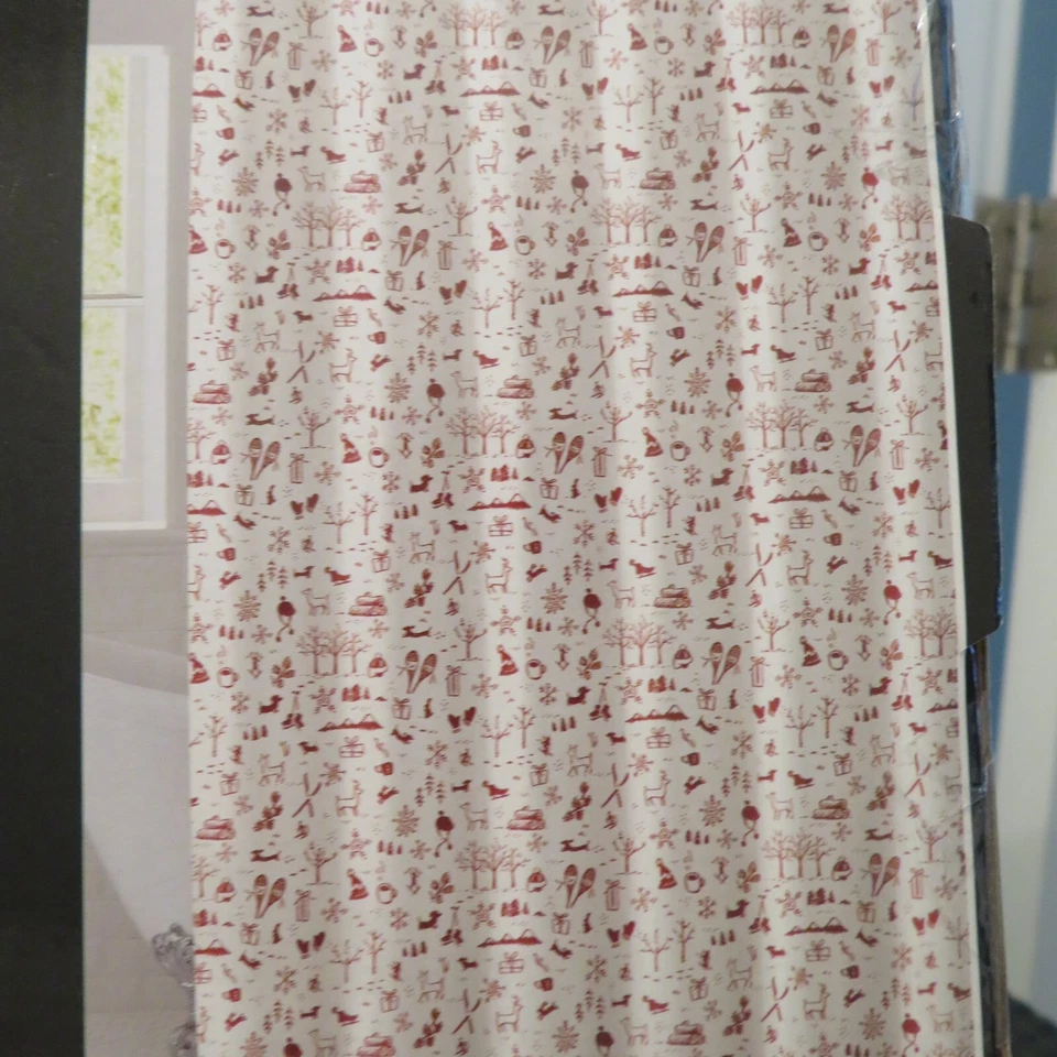 Cortina de chuveiro SCOUT Home férias de inverno vermelho/branco Dachshund veado esqui NOVO - Imagem 3 de 4