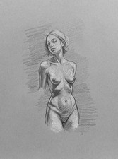 Disegno ritratto femminile nudo 8x10 originale tecnica mista