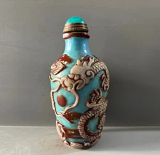 Noble Coloured glaze carved two dragon play pearl statue Snuff Perfume Bottle