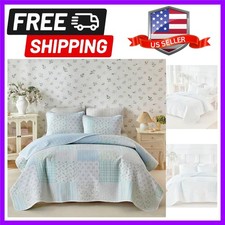3pcs Floral Quilt Set Queen, Green Blue Plaid Botanical Patchwork Design, Lig...