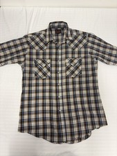 Plains Western Wear Shirt Mens M Pearl Snap Buttons Short Sleeve Brown Blue Nice