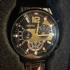 Geneva Men s 41mm Black Quartz Watch New In Box Bracelet Band Gift Set
