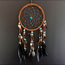 Large Dream Catcher   Brown Suede with Turquoise Stones and Feathers, Traditiona