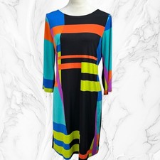 Sunny Leigh Women M Geometric Colorblock Sheath Dress Multi-Color 3/4 Sleeve Mod