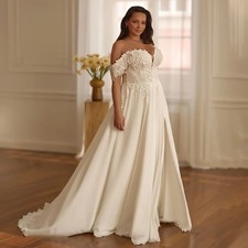 Fancy Lace Appliques Wedding Dress Off the Shoulder Chiffon Slit Sweetheart