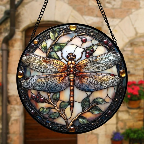 Stained Glass Window Hanging - Dragonfly Plant Suncatcher Ready to Hang Windo... - Picture 3 of 6