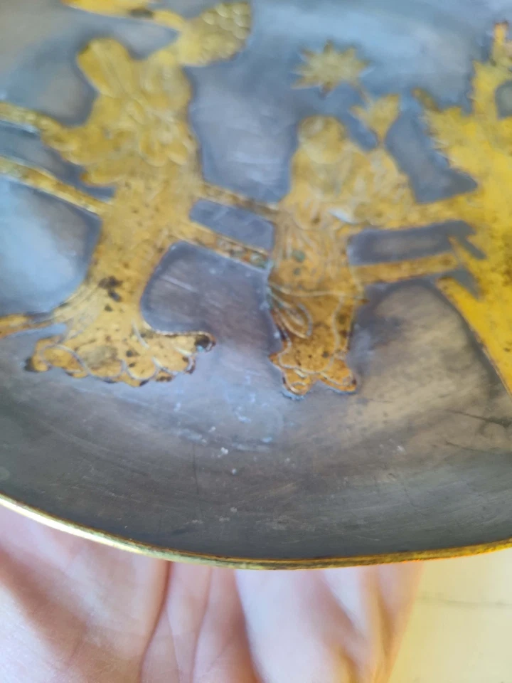 Hermoso cuenco de peltre antiguo chino con incrustaciones de latón belleza Qing Foto 4 de 4