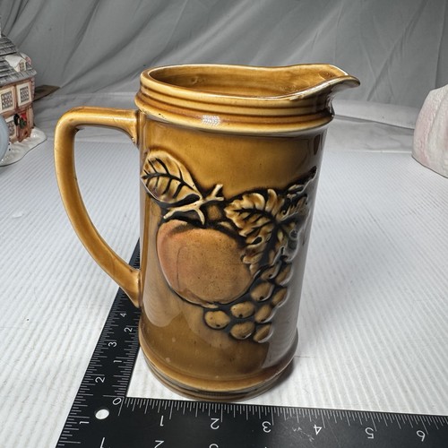 Vintage Ceramic Pitcher Embossed Design Of Fruits And Flowers Brown/mustard