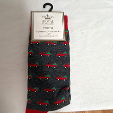 The Royal Standard Boys Youth Mid Calf Crew Car Socks Gray/Red/Green 1 Pair