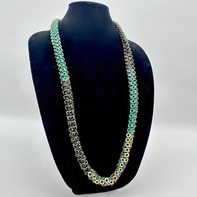 ORSKA Hand Crafted Chain-Maille Style Interlinked Teal Black Gold Tone Necklace