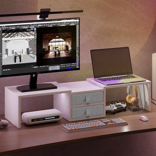 Wood Dual Monitor Stand Riser with 2 Drawers - White Length and Angle Adjustable - Picture 4 of 8