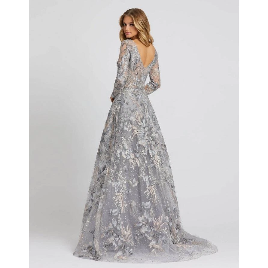 Платье Mac Duggal 20214 кружевное трапециевидное вышитое бисером винтажное сиренево-серое размер 2 - Изображение 3 из 4