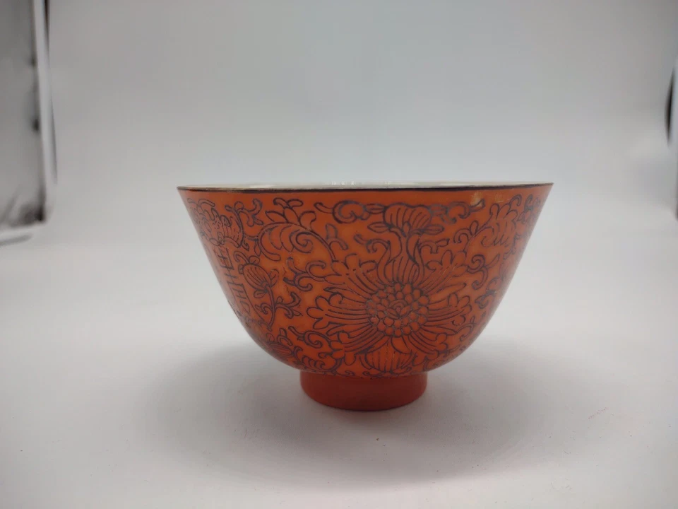 Антикварная китайская оранжевая глазурь чаша с маркировкой - Изображение 2 из 4